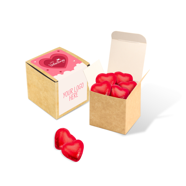 Valentines – Eco Kraft Cube – Red Foiled Praline Hearts